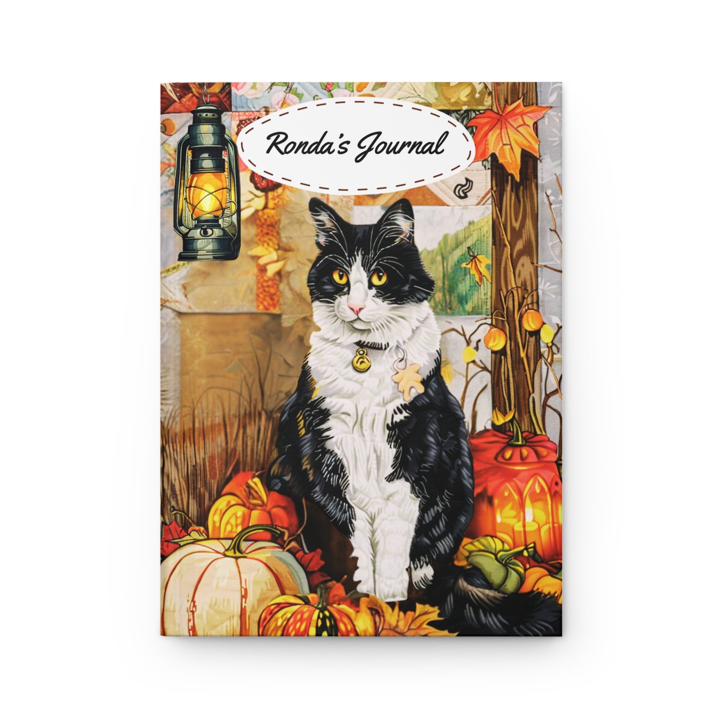 Quilted-Look Tuxedo Cat Journal - Autumn Lantern Scene, Cat Lover Gift