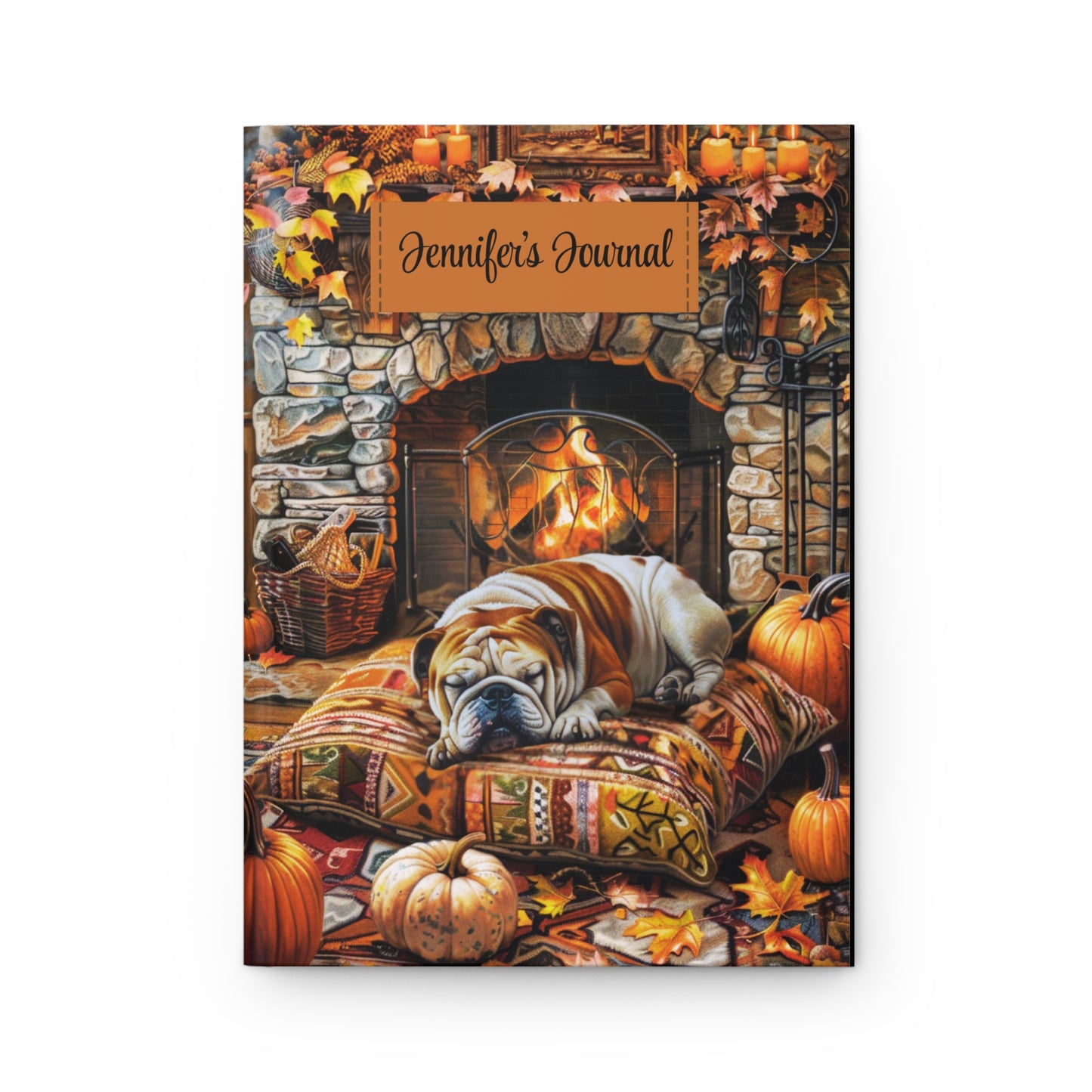 Quilted-Look Bulldog Journal - Cozy Fireplace Scene, Dog Lover Gift