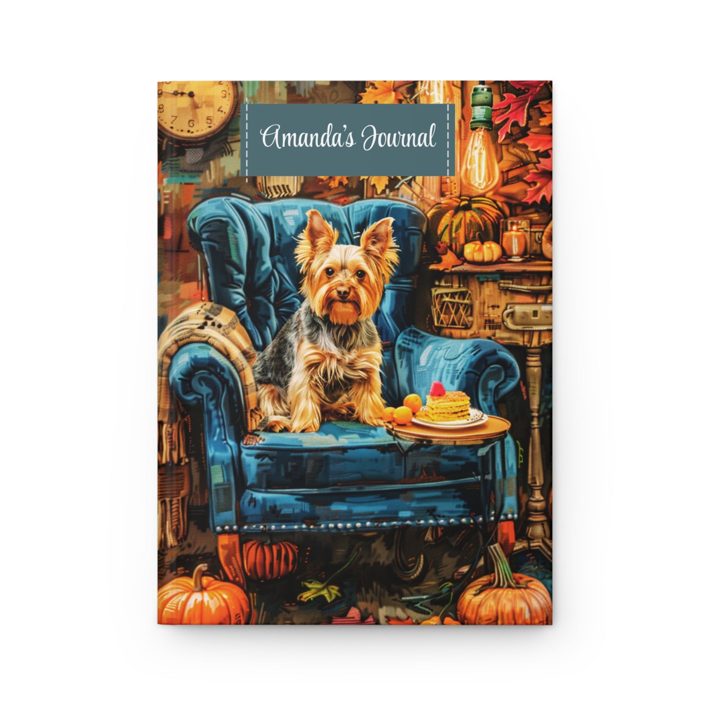 Quilted Yorkie Hardcover Journal - Cozy Autumn Armchair Scene