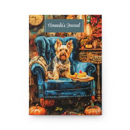 Quilted Yorkie Hardcover Journal - Cozy Autumn Armchair Scene