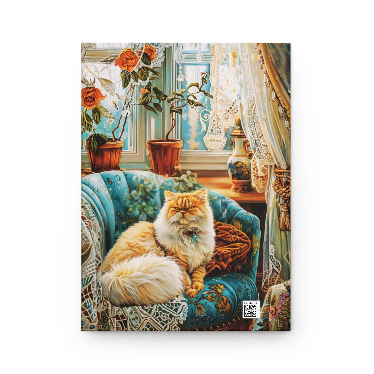 Quilted-Look Persian Cat Journal - Vintage Parlor Scene, Cat Lover Gift
