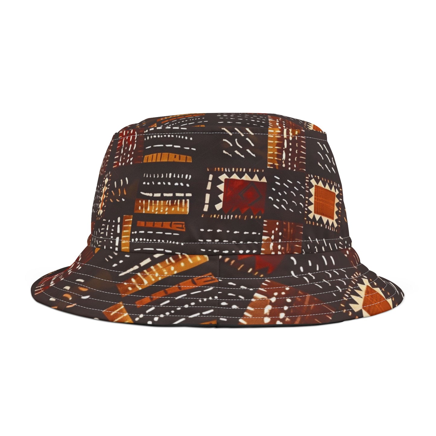 Amber Dusk Bucket Hat – Tribal Patch Pattern in Copper & Chestnut | Unisex All-Over Print Hat by Lace & Grit