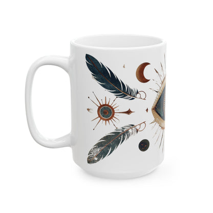 Mystic Vision Mug – Boho All-Seeing Eye & Feather Design | Celestial Coffee Cup Gift