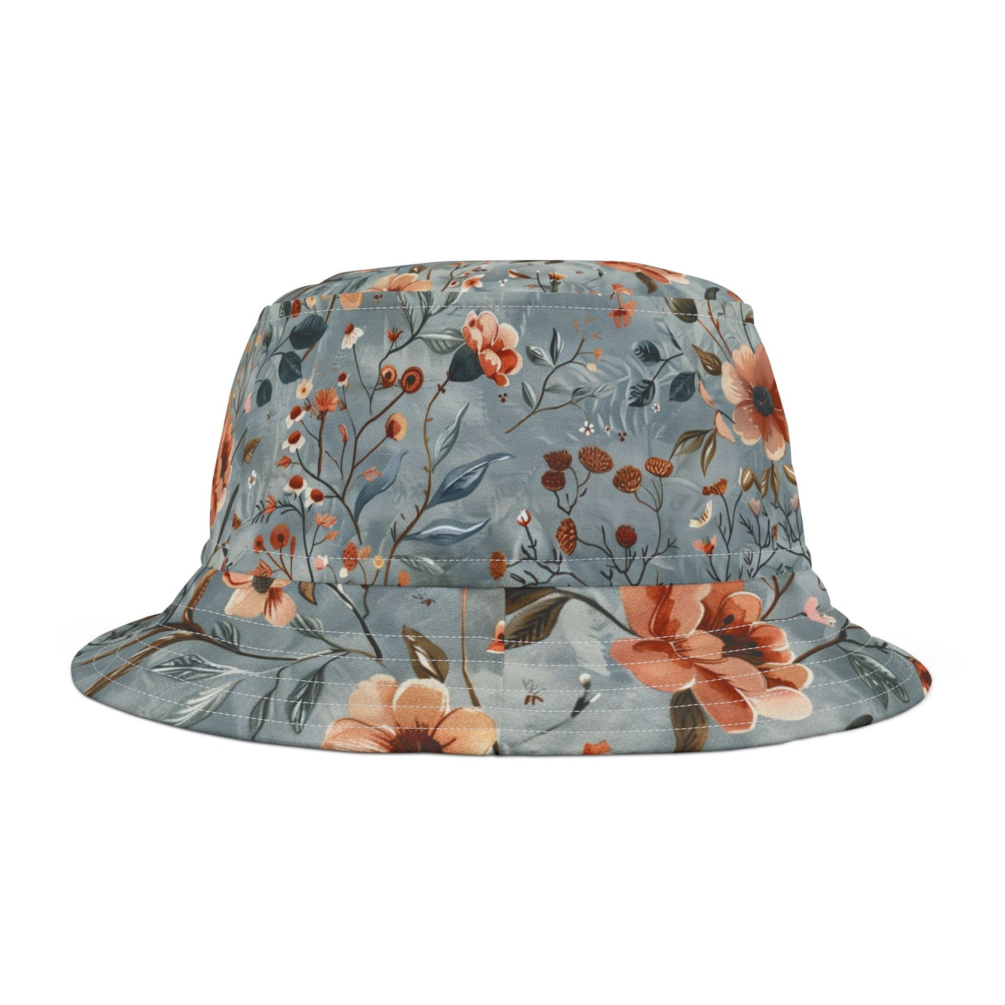 Wildflower Sky Bucket Hat – Rustic Floral Pattern in Dusty Blue & Terra Cotta | Unisex All-Over Print Hat by Lace & Grit