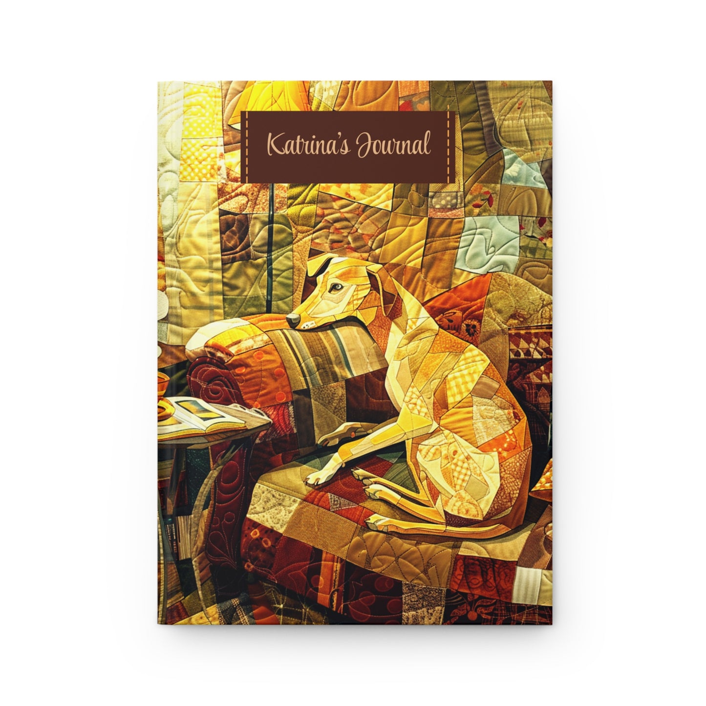 Quilted-Look Whippet Journal - Cozy Patchwork Sofa Scene, Dog Gift