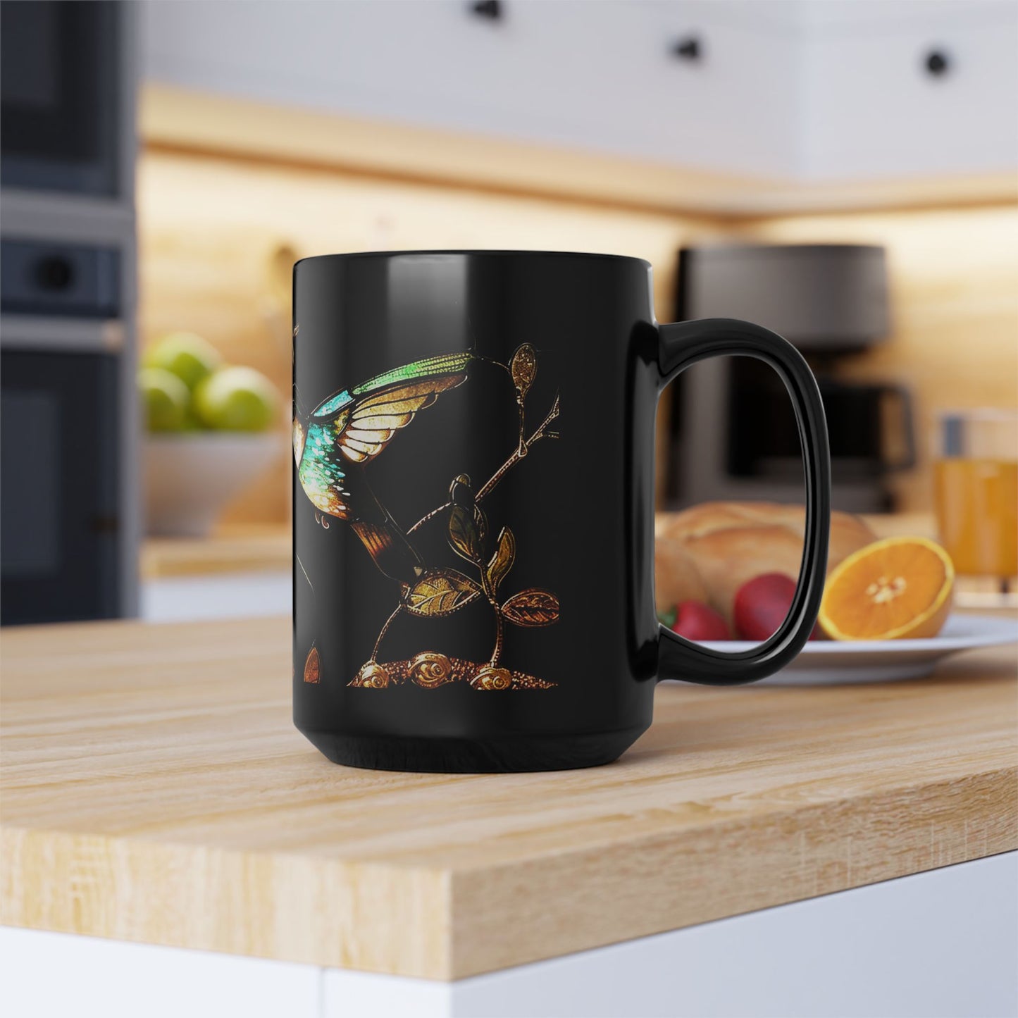Stained Glass Look Hummingbird – Black Ceramic Mug