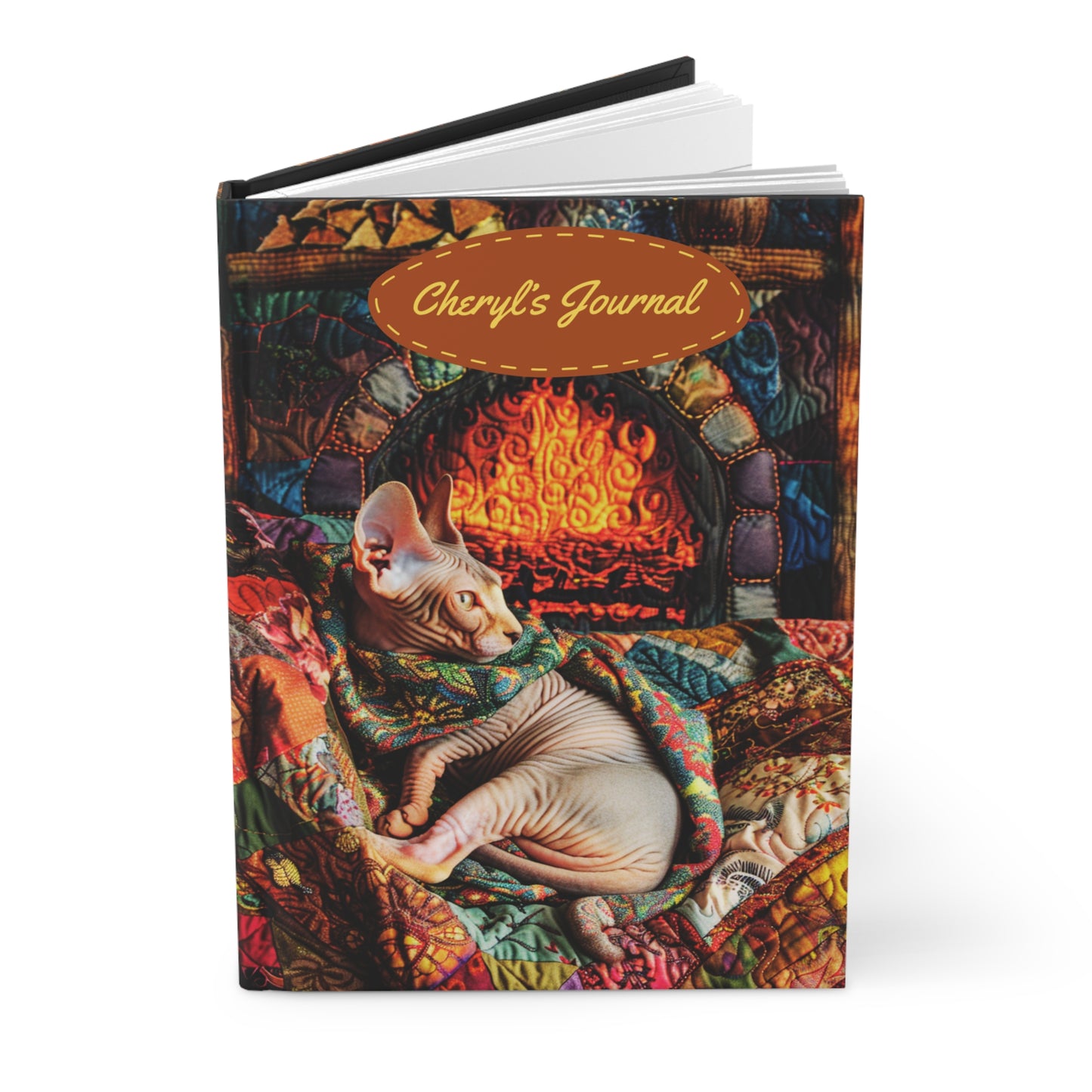 Quilted-Look Sphynx Cat Journal - Fireside Scene, Cozy Cat Lover Gift