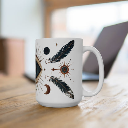 Mystic Vision Mug – Boho All-Seeing Eye & Feather Design | Celestial Coffee Cup Gift