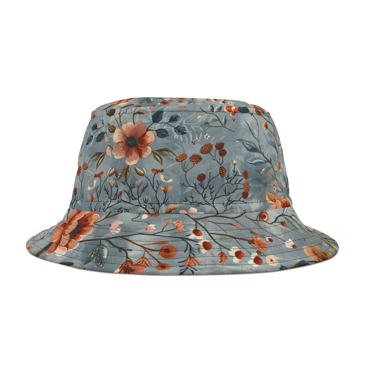 Wildflower Sky Bucket Hat – Rustic Floral Pattern in Dusty Blue & Terra Cotta | Unisex All-Over Print Hat by Lace & Grit
