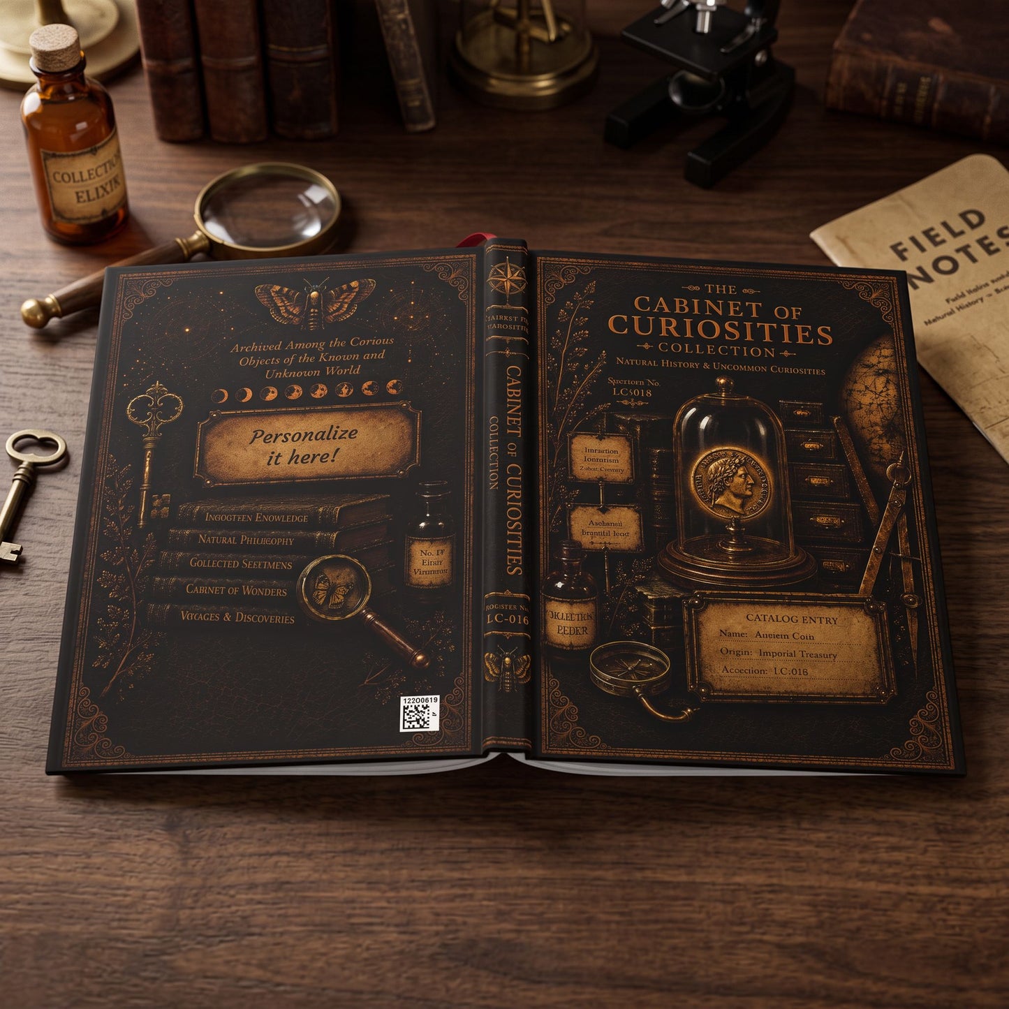 Ancient Coin Journal, Personalized Cabinet of Curiosities Hardcover Notebook, Victorian Dark Academia Gift