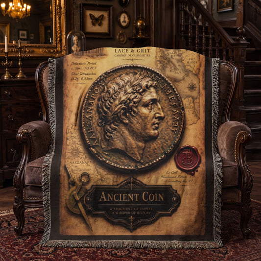 Ancient Coin Woven Throw Blanket | Cabinet of Curiosities Decor | Cotton Tapestry | Archaeology History Gift