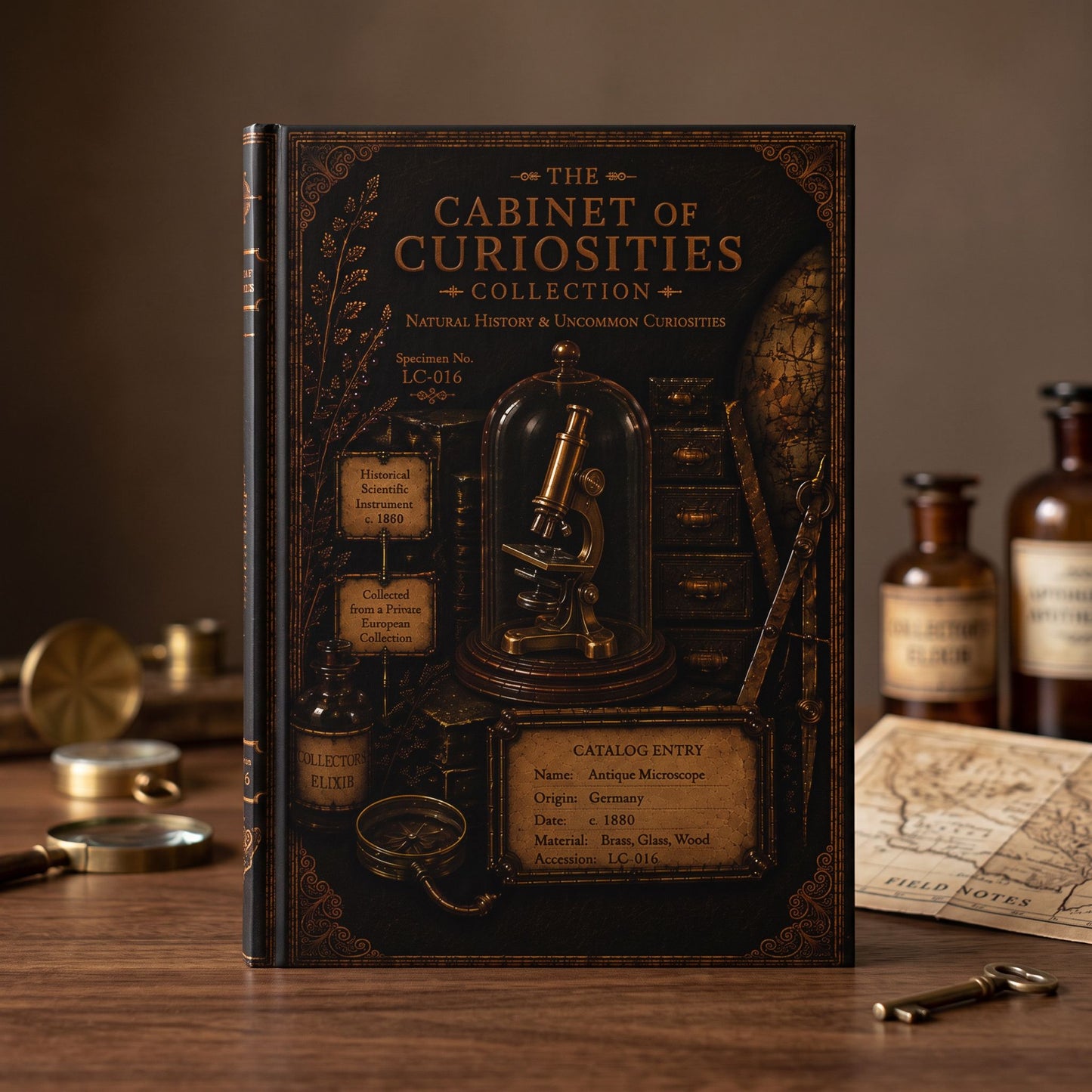 Antique Microscope Journal, Personalized Cabinet of Curiosities Hardcover Notebook, Science Lover Gift