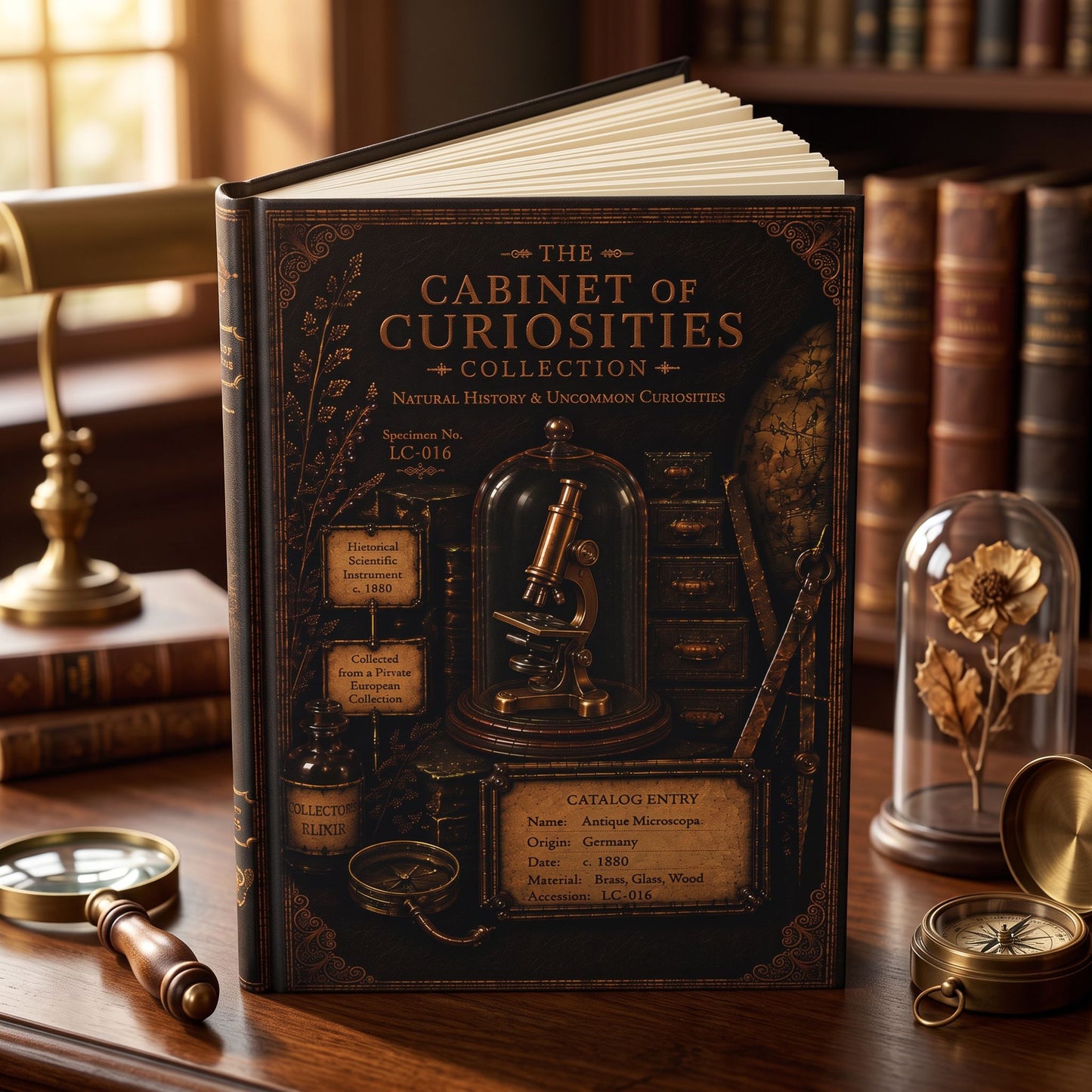 Antique Microscope Journal, Personalized Cabinet of Curiosities Hardcover Notebook, Science Lover Gift
