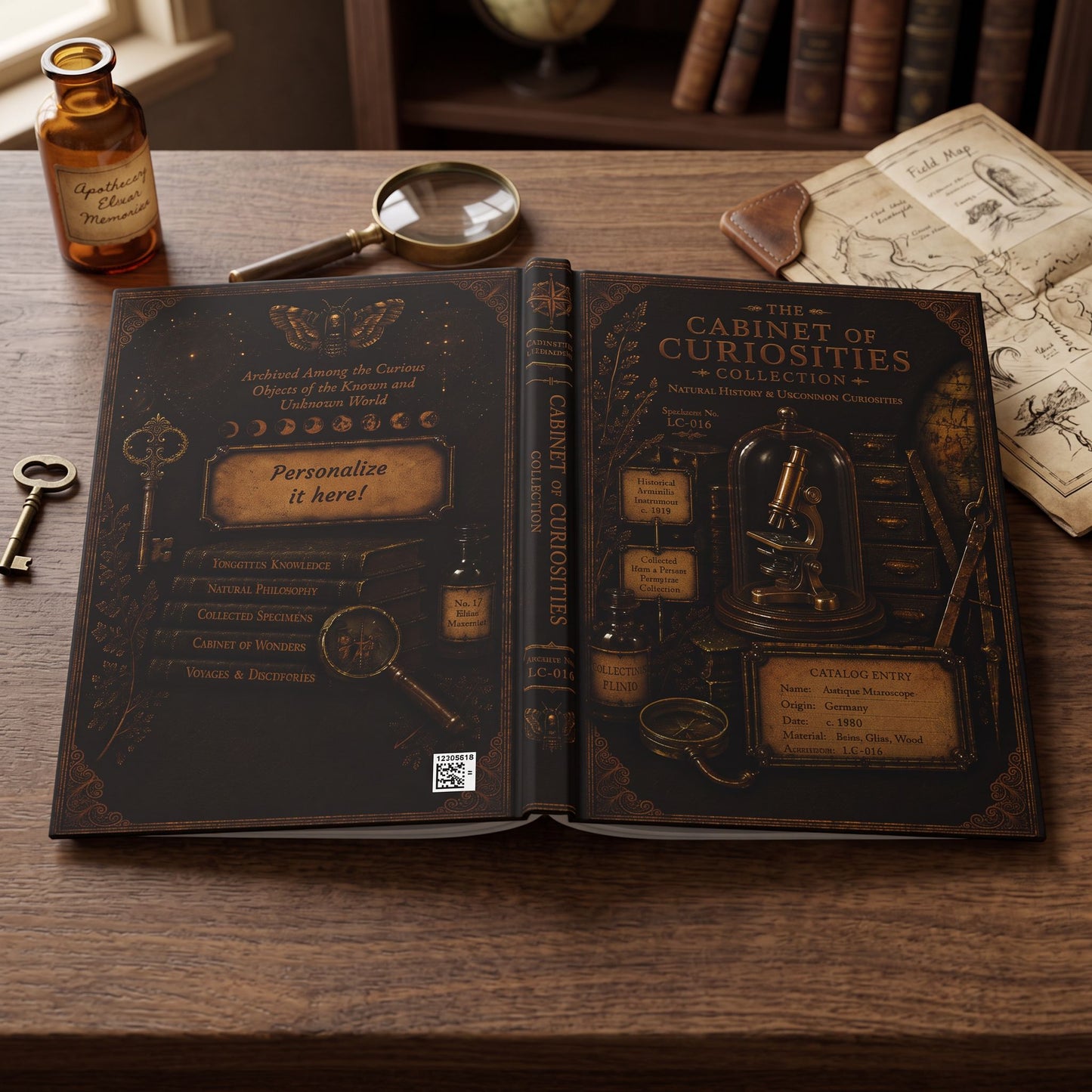 Antique Microscope Journal, Personalized Cabinet of Curiosities Hardcover Notebook, Science Lover Gift