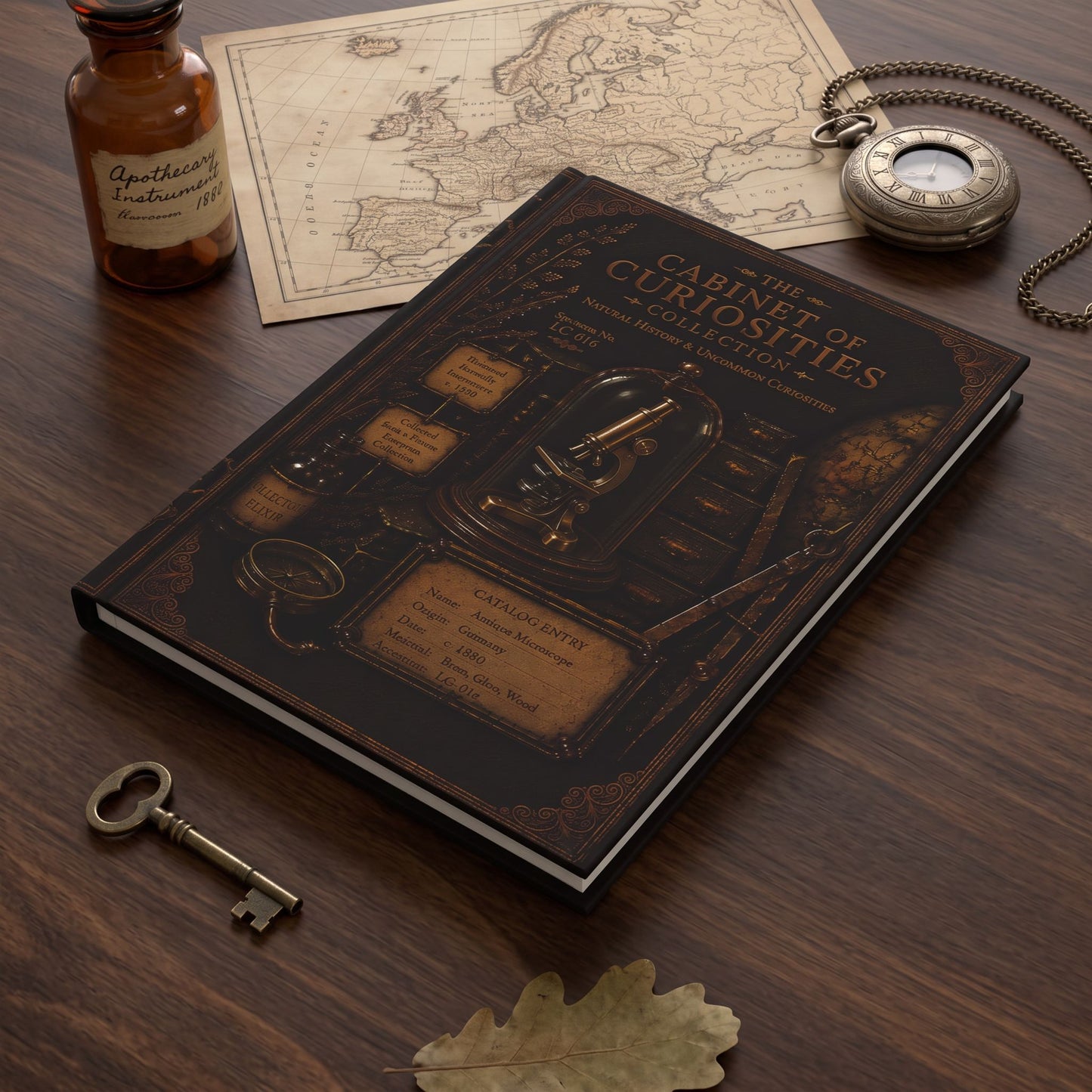 Antique Microscope Journal, Personalized Cabinet of Curiosities Hardcover Notebook, Science Lover Gift
