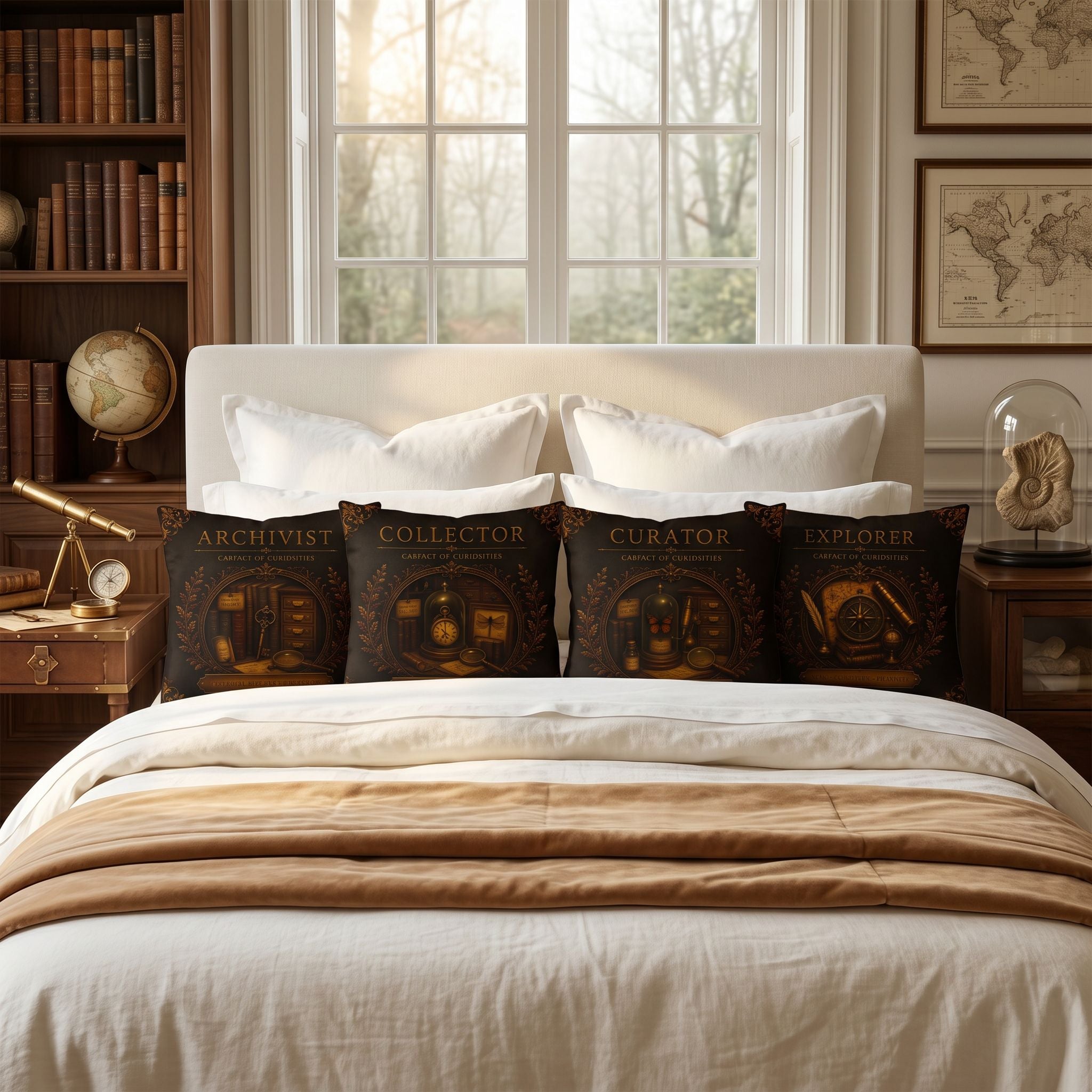 A styled bedroom scene with a bed dressed in white linens and a tan throw blanket, featuring four decorative dark pillows with vintage-themed titles: Archivist, Collector, Curator, and Explorer. The room includes a window, bookshelves, framed maps, and bedside tables.