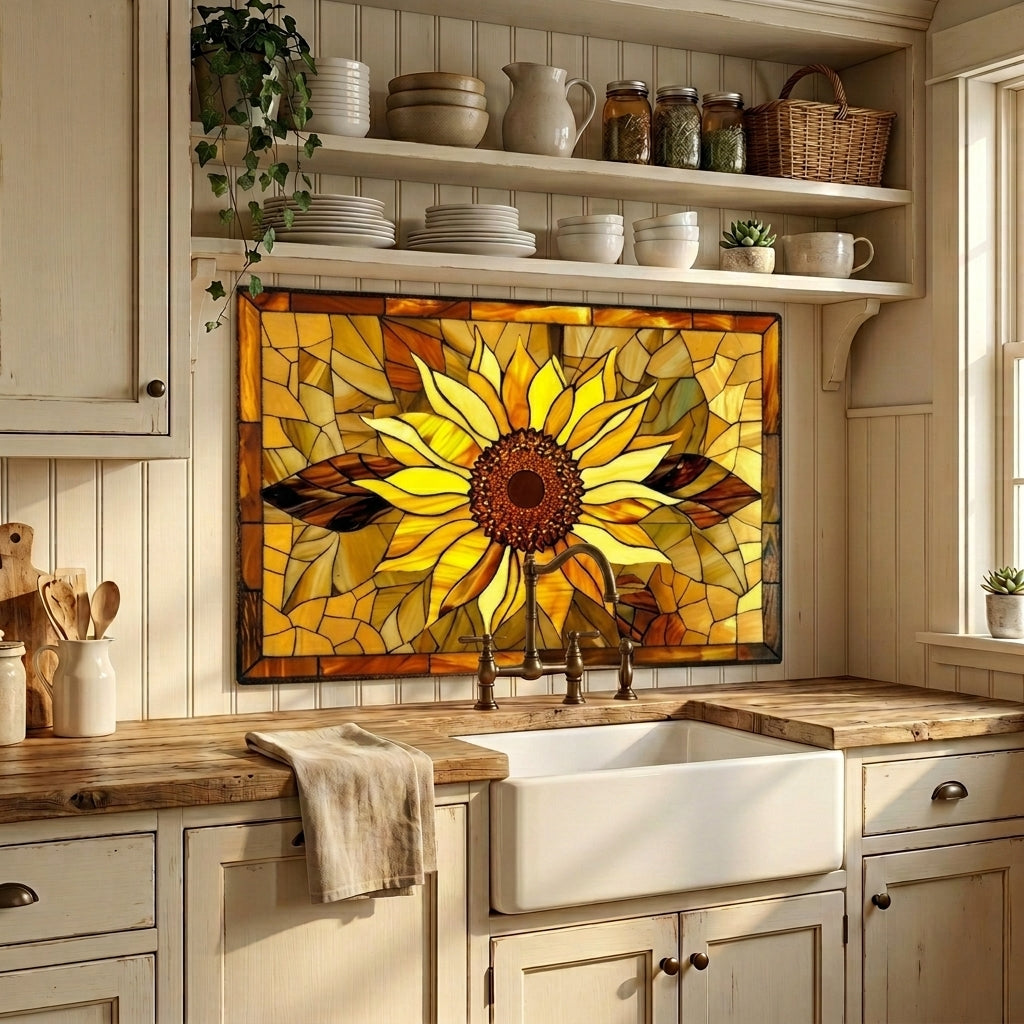 Sunflower Metal Kitchen Backsplash Panel, Stained Glass Inspired Wall Art