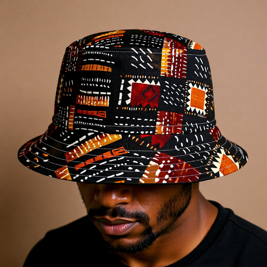 Amber Dusk Bucket Hat – Tribal Patch Pattern in Copper & Chestnut | Unisex All-Over Print Hat by Lace & Grit
