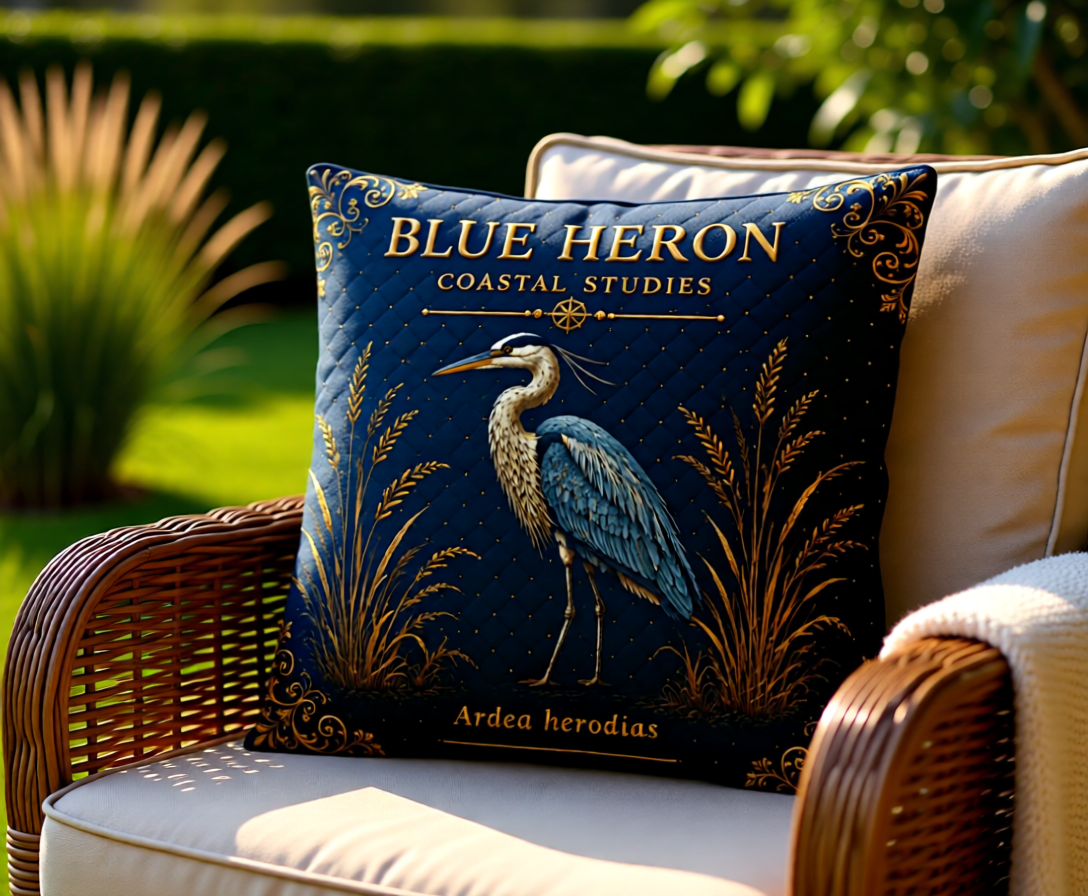 Blue Heron Coastal Pillow, Nautical Throw Pillow, Navy Coastal Cushion, Beach House & Lake House Decor, Coastal Grandma Style