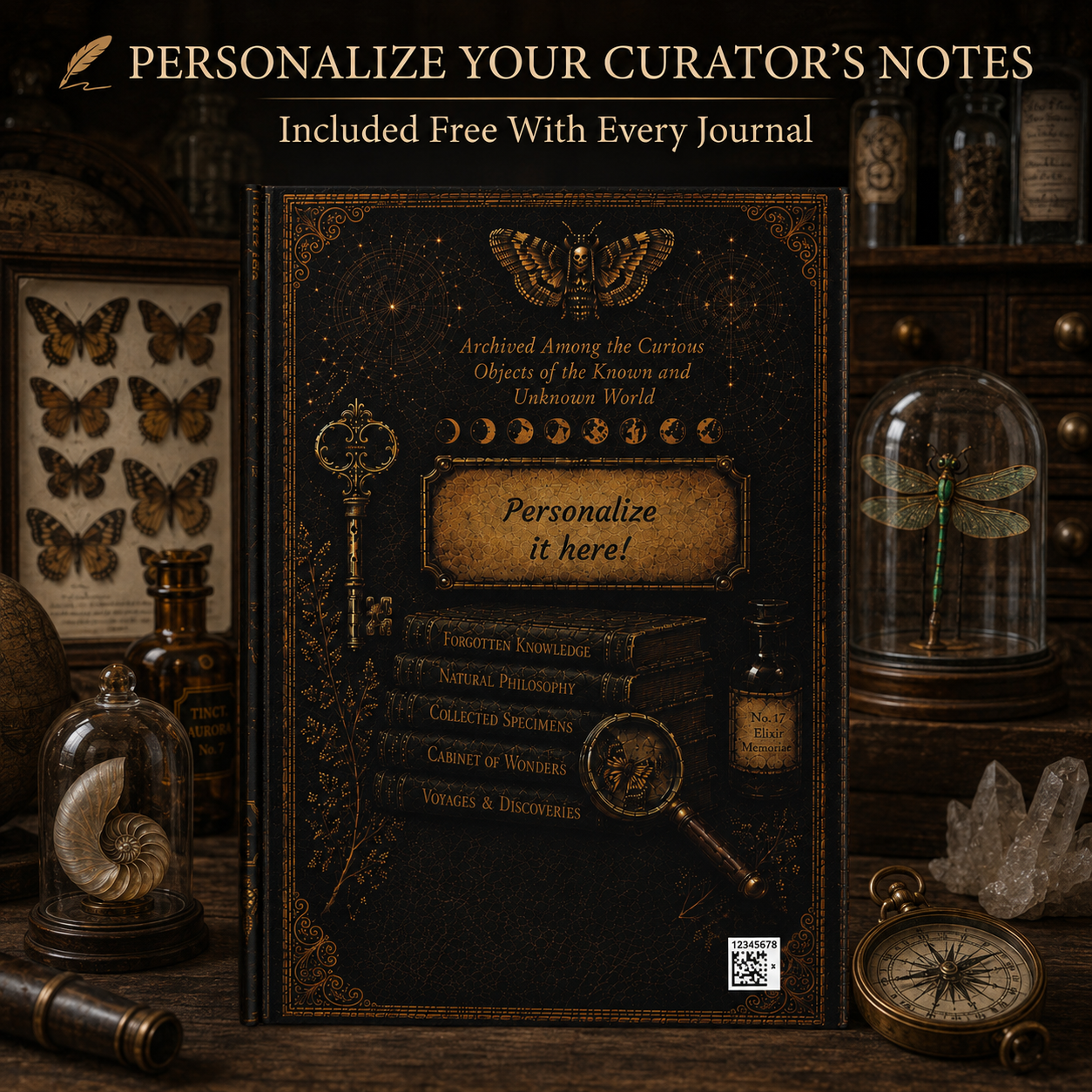 Fossil Ammonite Journal, Personalized Cabinet of Curiosities Hardcover Notebook, Dark Academia Gift