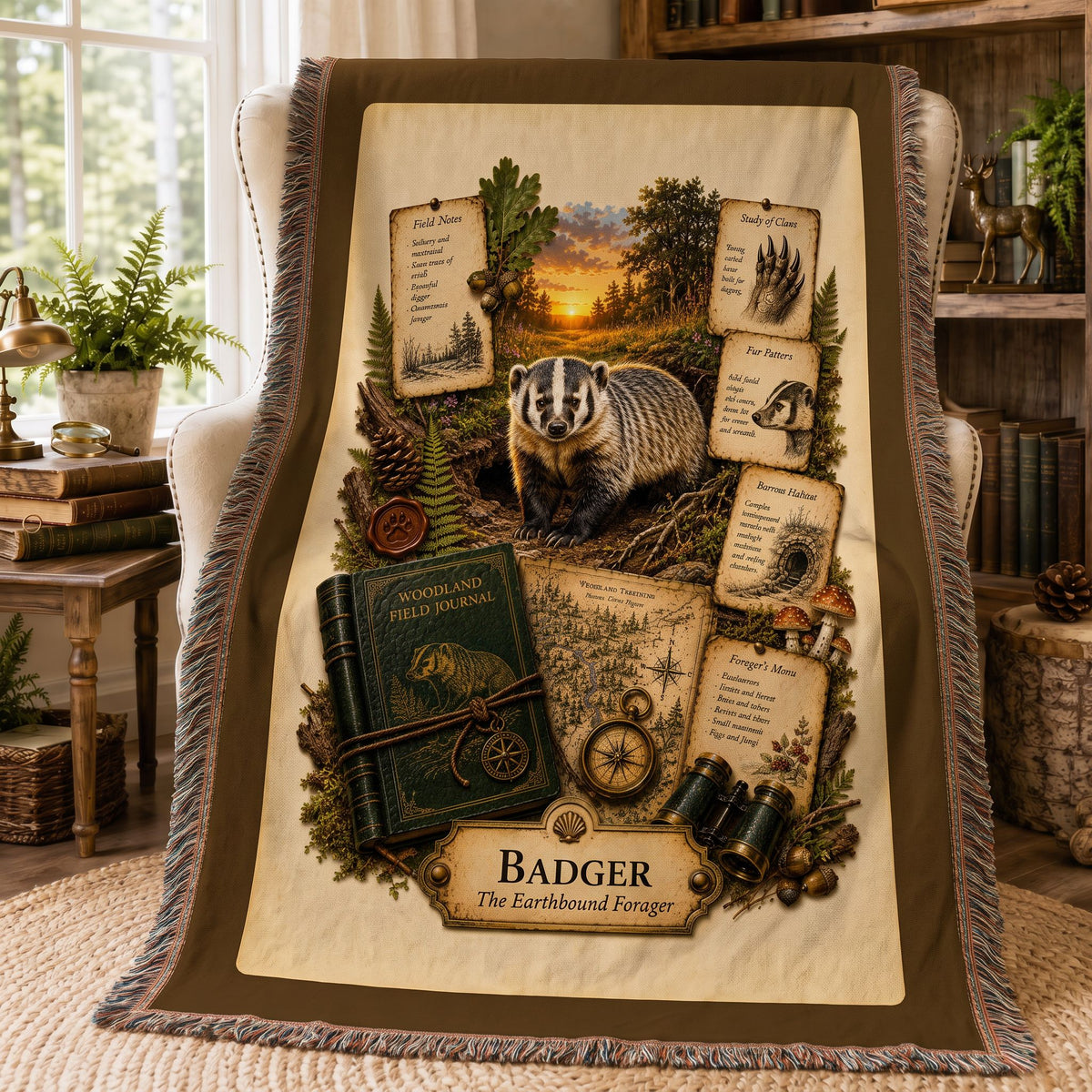 Badger Woven Throw Blanket | Woodland Animal Decor | Cotton Tapestry Throw | Naturalist Journal Gift