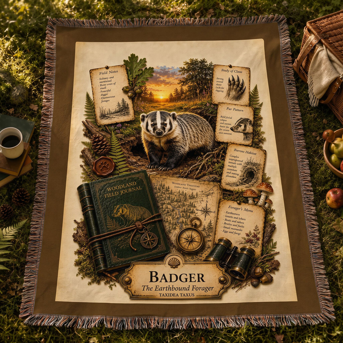 Badger Woven Throw Blanket | Woodland Animal Decor | Cotton Tapestry Throw | Naturalist Journal Gift