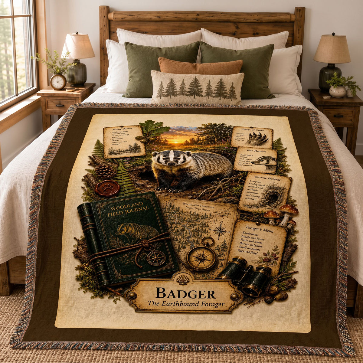 Badger Woven Throw Blanket | Woodland Animal Decor | Cotton Tapestry Throw | Naturalist Journal Gift