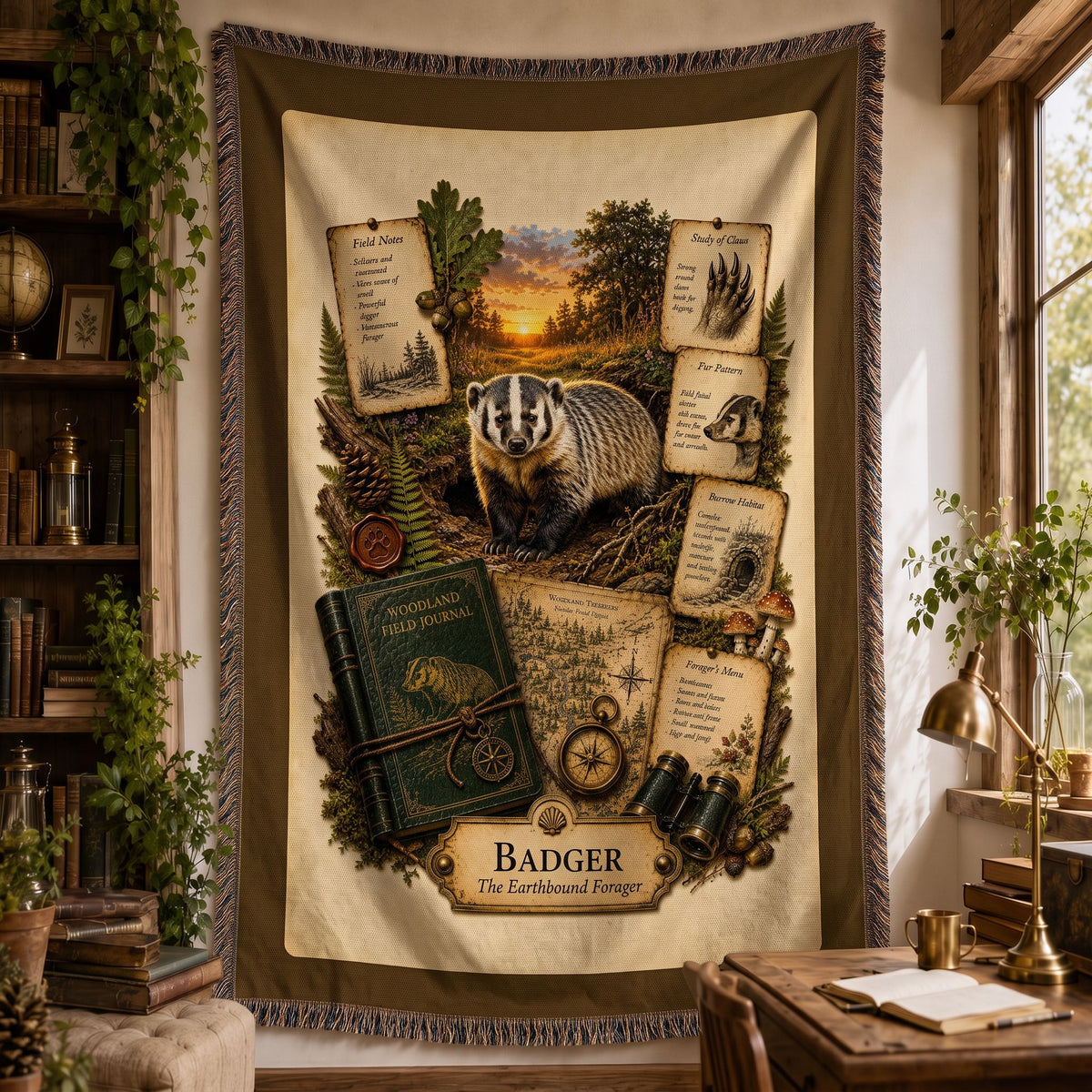 Badger Woven Throw Blanket | Woodland Animal Decor | Cotton Tapestry Throw | Naturalist Journal Gift