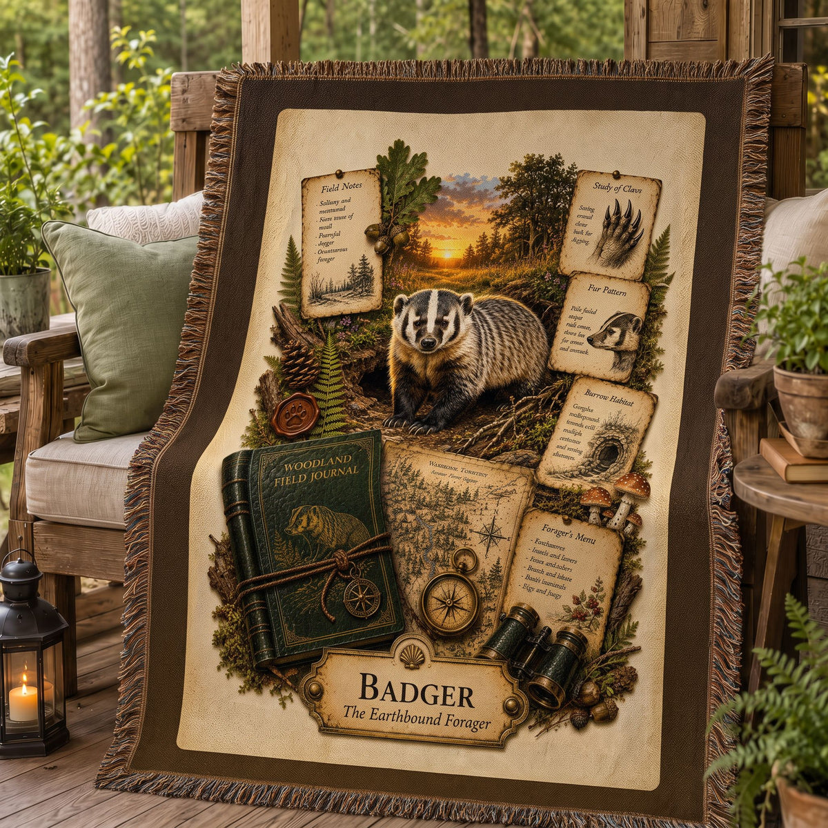 Badger Woven Throw Blanket | Woodland Animal Decor | Cotton Tapestry Throw | Naturalist Journal Gift
