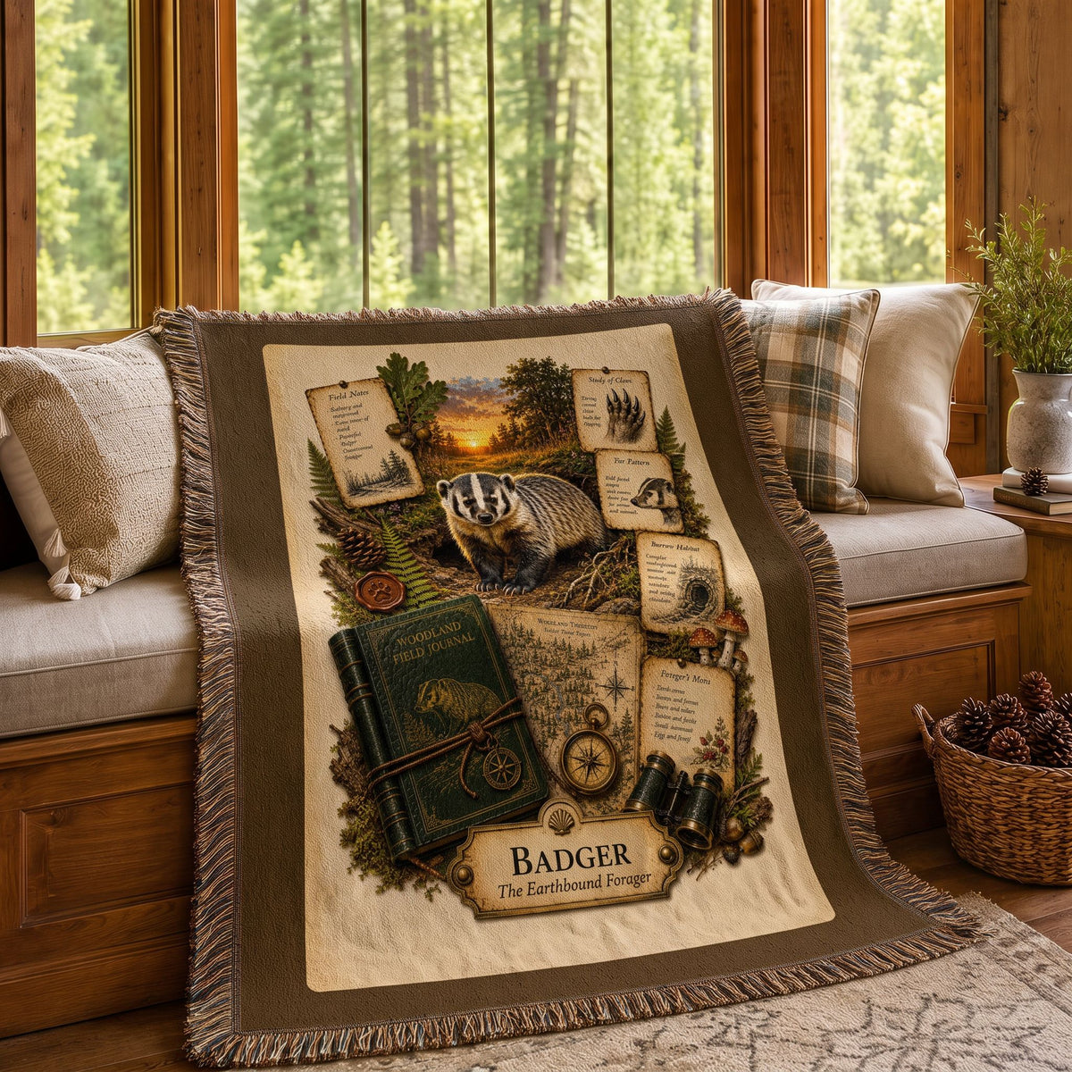 Badger Woven Throw Blanket | Woodland Animal Decor | Cotton Tapestry Throw | Naturalist Journal Gift