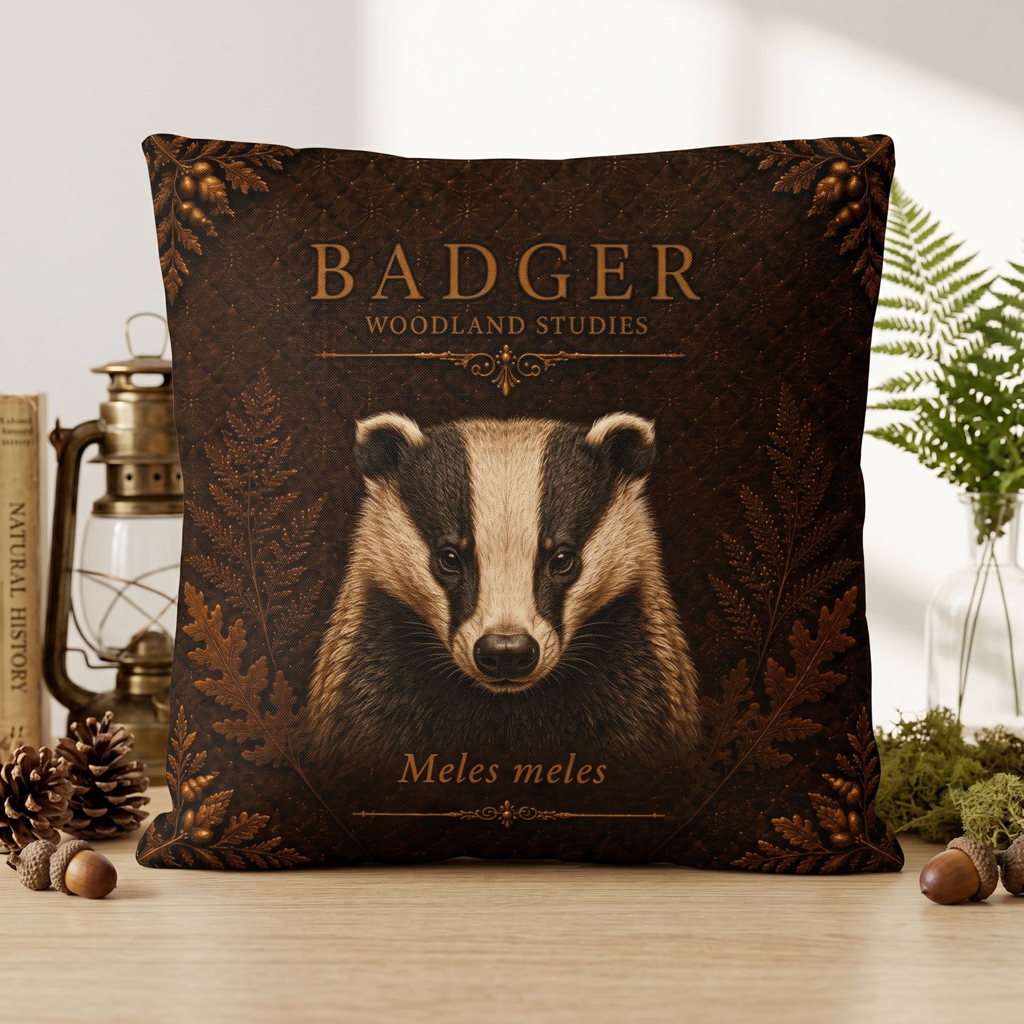Badger Woodland Pillow, Rustic Throw Pillow, Cabin Decor Cushion, Lodge Style Accent, Wildlife Home Decor