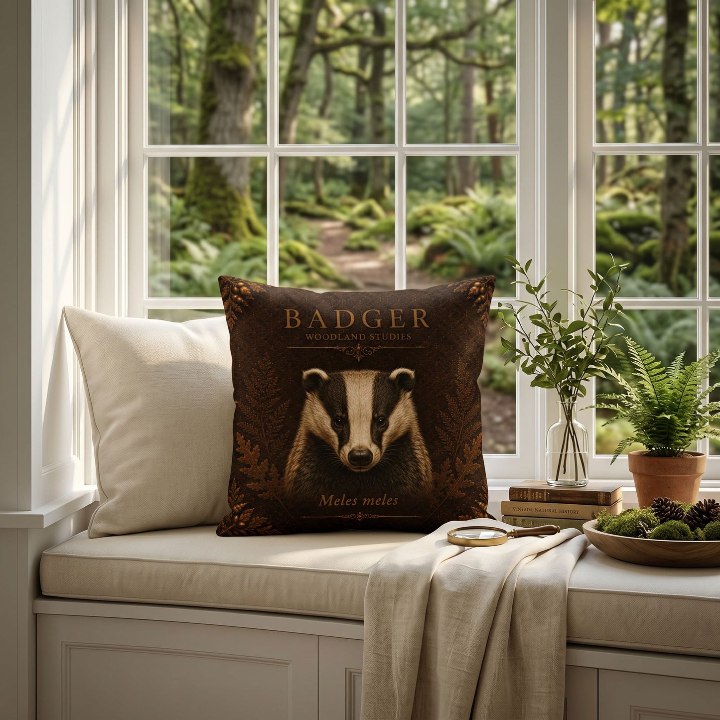 Badger Woodland Pillow, Rustic Throw Pillow, Cabin Decor Cushion, Lodge Style Accent, Wildlife Home Decor