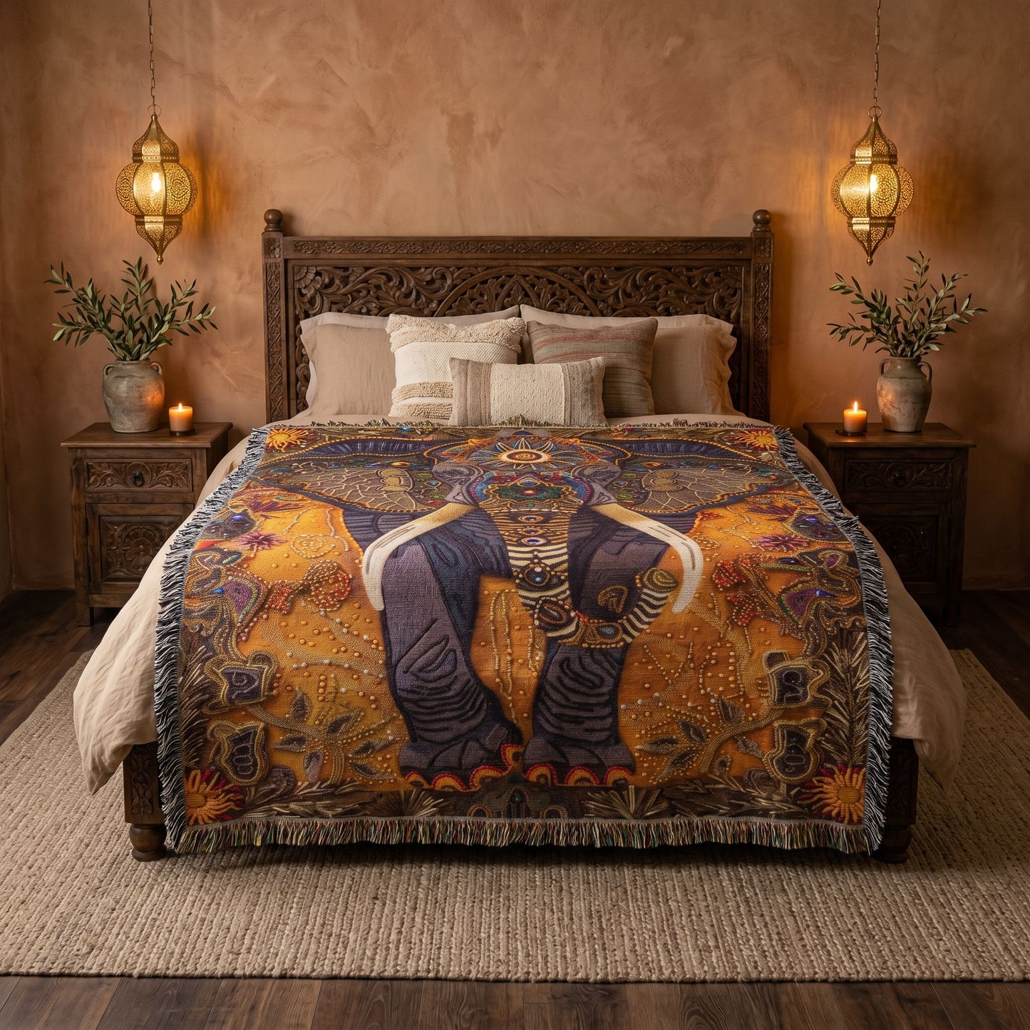 Beaded Look Elephant Woven Blanket | Global Artisan Decor