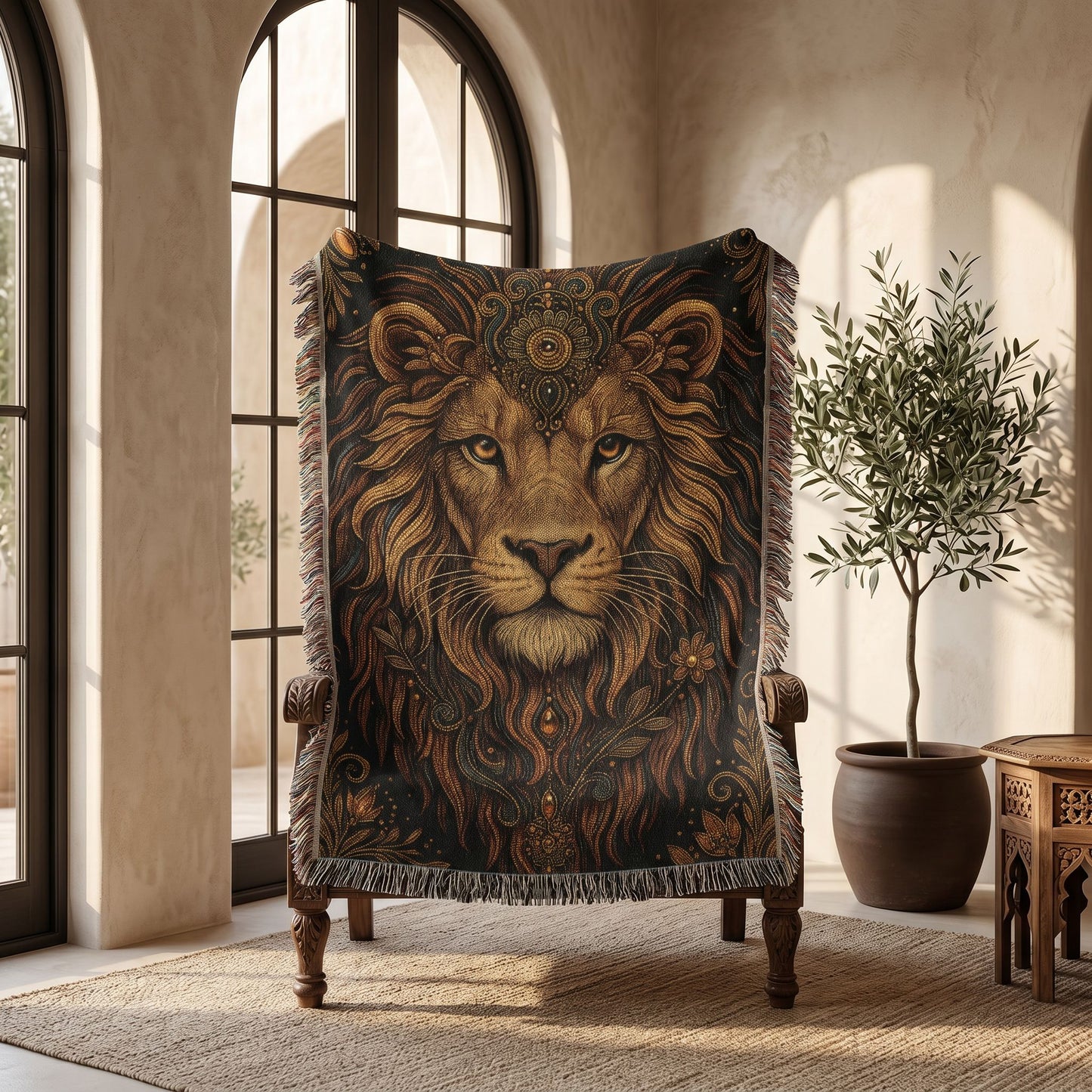Beaded Look Lion Woven Blanket | Global Artisan Decor