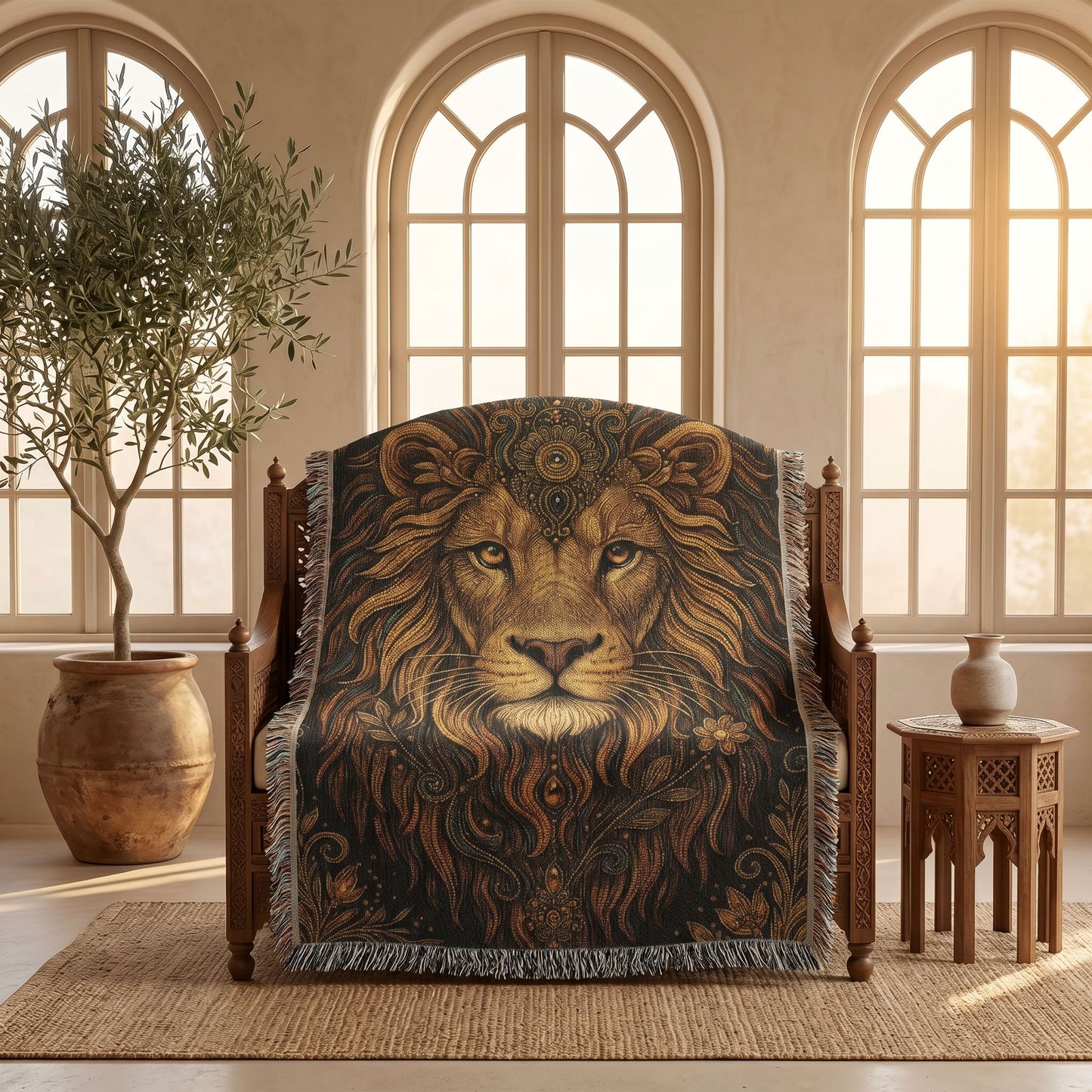 Beaded Look Lion Woven Blanket | Global Artisan Decor