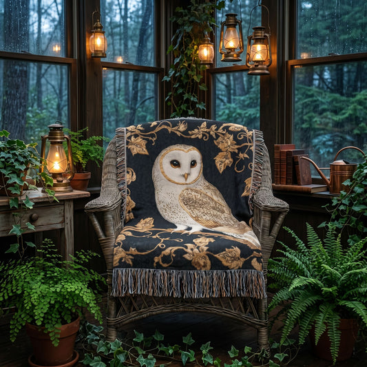 Beaded Look White Owl Woven Blanket | Dark Cottage Woodland Decor