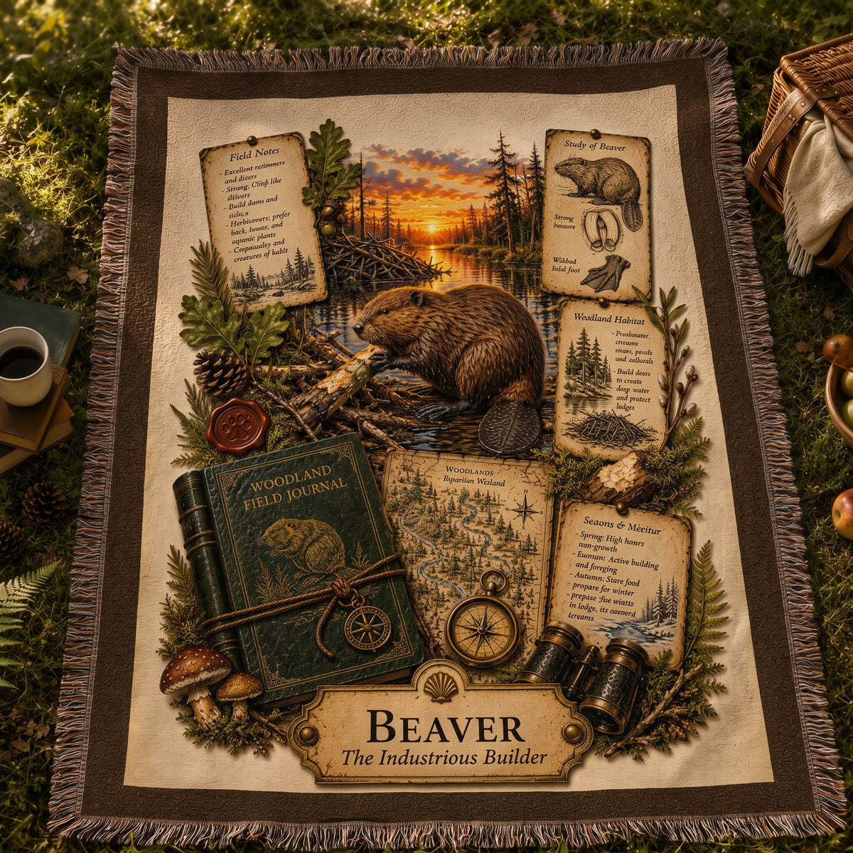 Beaver Woven Throw Blanket | Woodland Animal Decor | Cotton Tapestry Throw | Naturalist Journal Gift