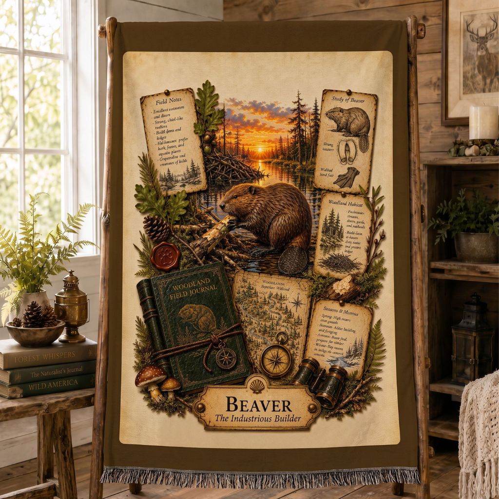 Beaver Woven Throw Blanket | Woodland Animal Decor | Cotton Tapestry Throw | Naturalist Journal Gift
