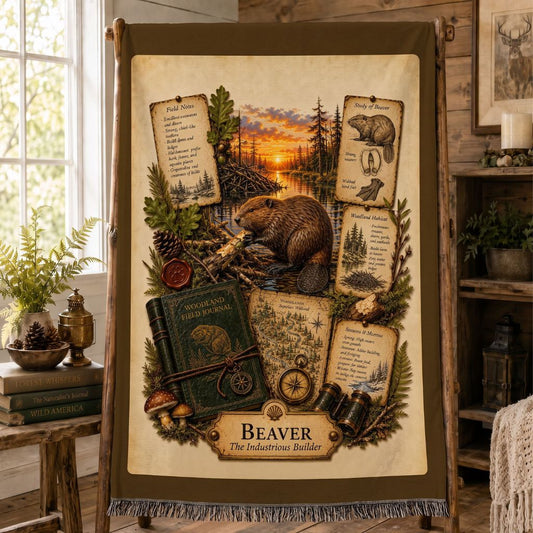Beaver Woven Throw Blanket | Woodland Animal Decor | Cotton Tapestry Throw | Naturalist Journal Gift