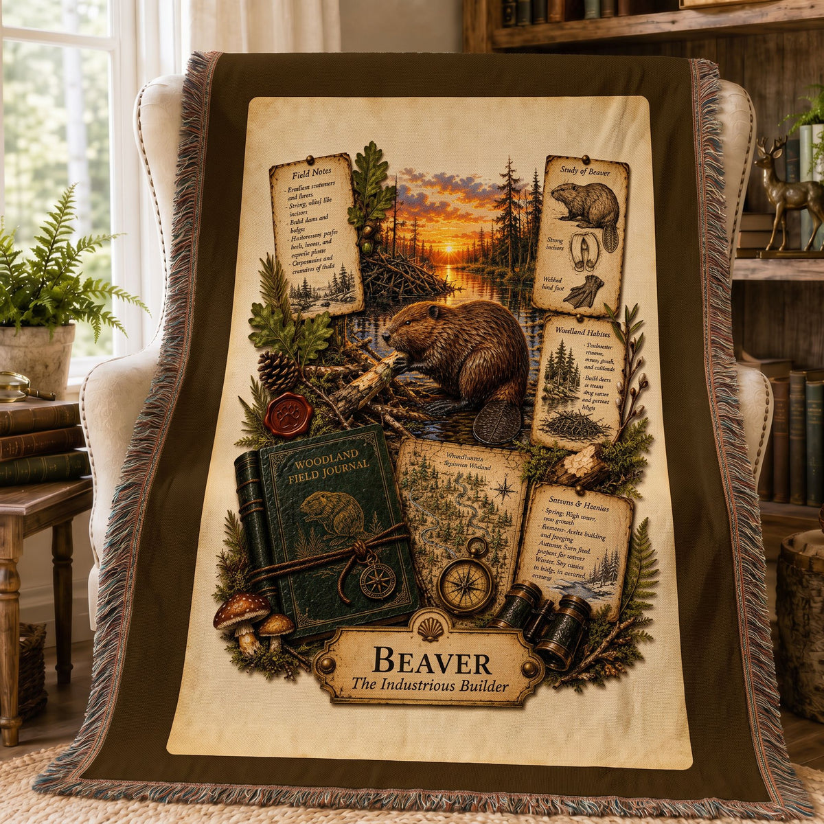 Beaver Woven Throw Blanket | Woodland Animal Decor | Cotton Tapestry Throw | Naturalist Journal Gift