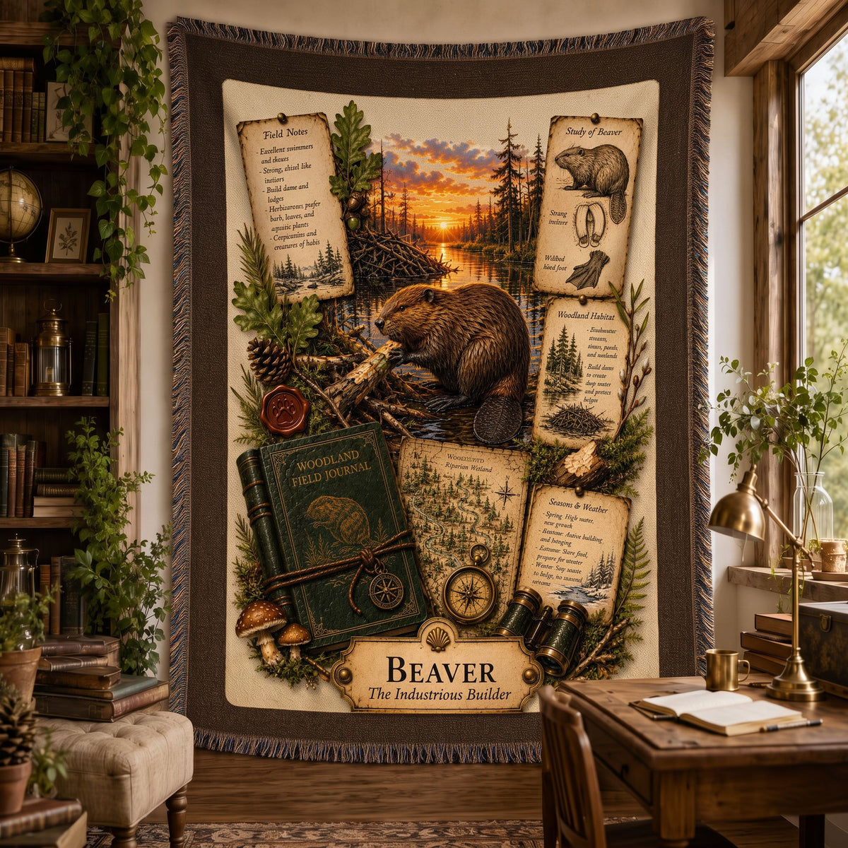Beaver Woven Throw Blanket | Woodland Animal Decor | Cotton Tapestry Throw | Naturalist Journal Gift
