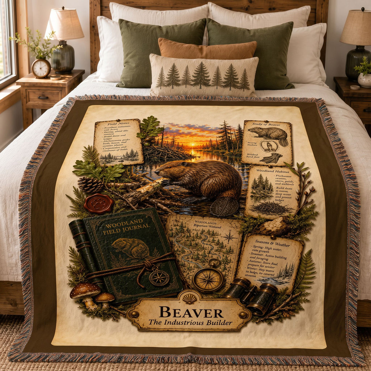 Beaver Woven Throw Blanket | Woodland Animal Decor | Cotton Tapestry Throw | Naturalist Journal Gift