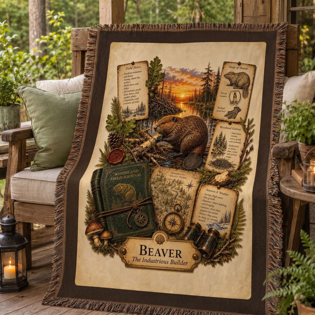 Beaver Woven Throw Blanket | Woodland Animal Decor | Cotton Tapestry Throw | Naturalist Journal Gift