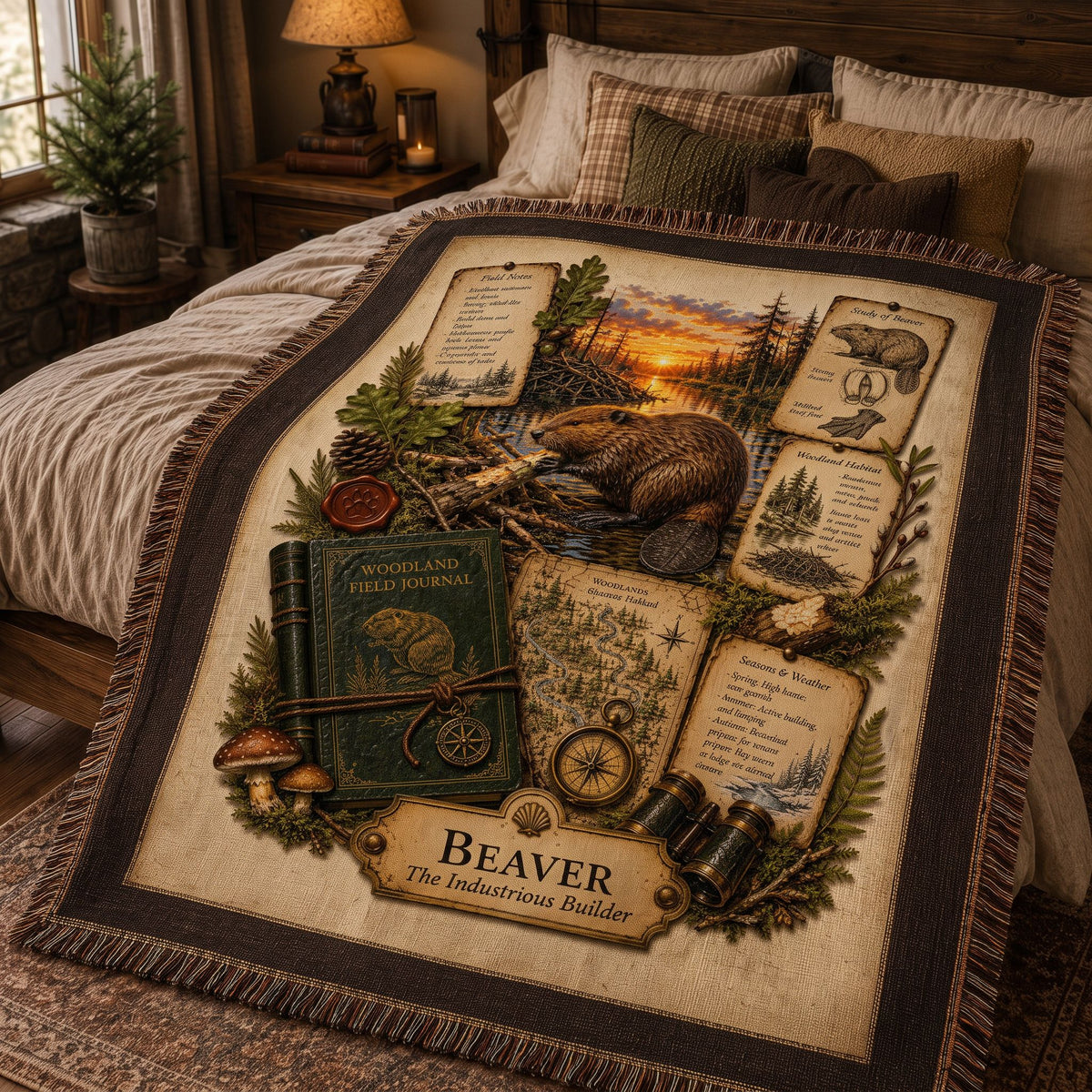 Beaver Woven Throw Blanket | Woodland Animal Decor | Cotton Tapestry Throw | Naturalist Journal Gift