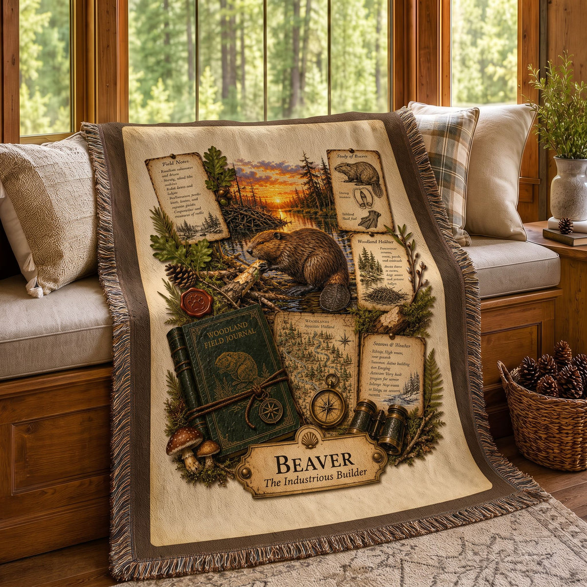 Beaver Woven Throw Blanket | Woodland Animal Decor | Cotton Tapestry Throw | Naturalist Journal Gift