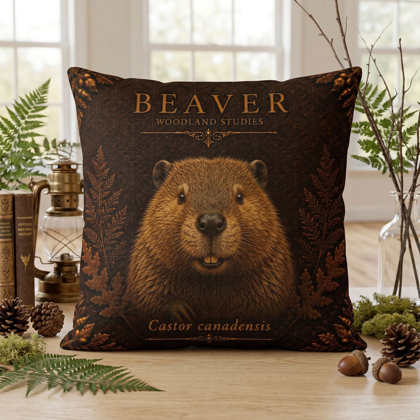 Beaver Woodland Pillow, Rustic Throw Pillow, Cabin Decor Cushion, Lodge Style Accent, Wildlife Home Decor