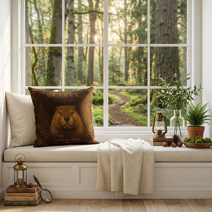 Beaver Woodland Pillow, Rustic Throw Pillow, Cabin Decor Cushion, Lodge Style Accent, Wildlife Home Decor