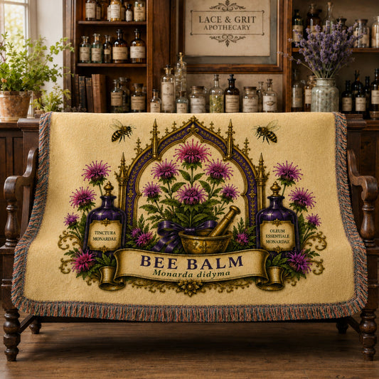 Bee Balm Woven Throw Blanket | Botanical Apothecary Decor | Cotton Tapestry Throw | English Cottage Herbal Gift
