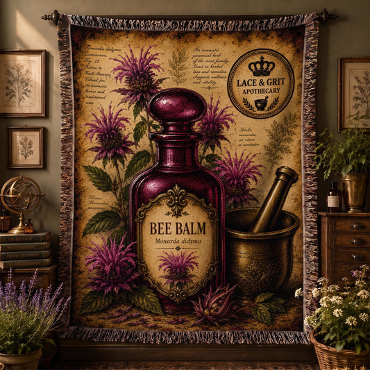 Bee Balm Woven Throw Blanket, Botanical Apothecary Decor, Cotton Tapestry Throw, English Cottage Herbal Gift