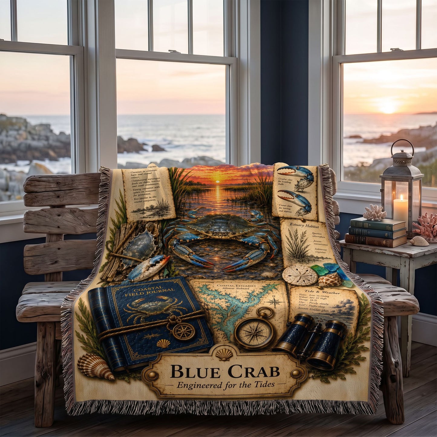 Blue Crab Woven Throw Blanket | Coastal Wildlife Decor | Cotton Tapestry Throw | Naturalist Journal Gift